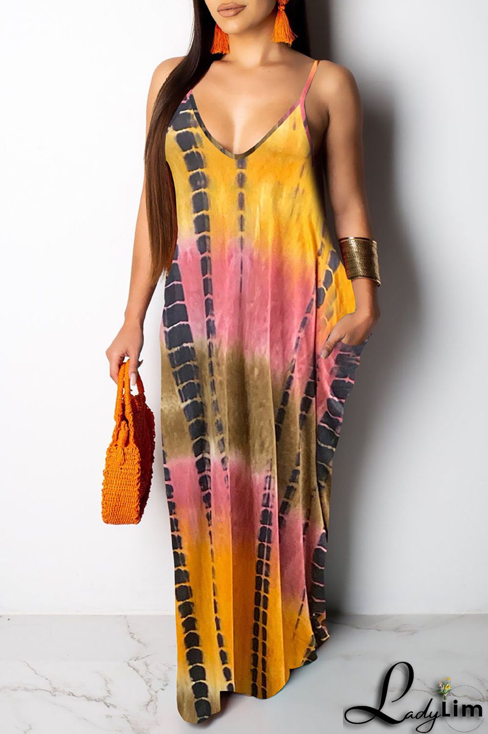 Yellow Sexy Print Patchwork Spaghetti Strap Sling Dress Dresses