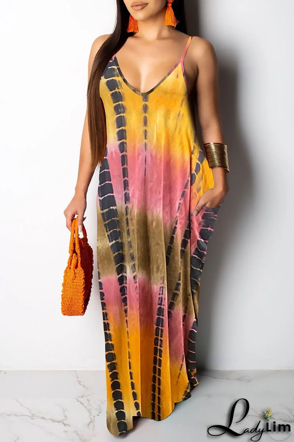 Yellow Sexy Print Patchwork Spaghetti Strap Sling Dress Dresses