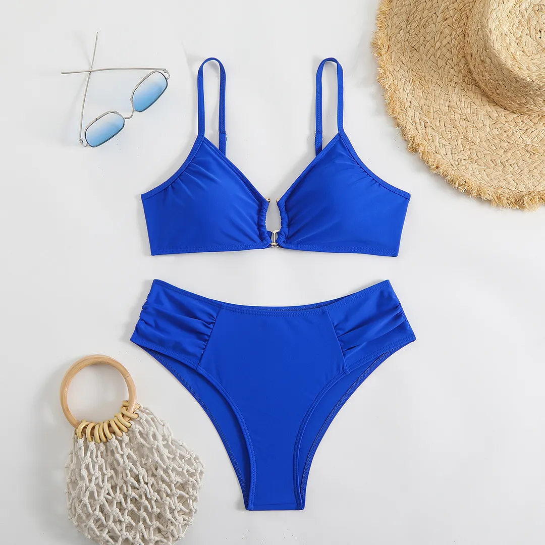 Uveng 2025 New Solid Color Sexy Bikini Wrinkled Air Split Body Swimsuit Suit Women