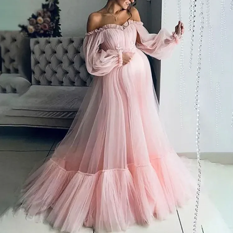 Maternity Mesh Long Sleeve Off The Shoulder Gown Maxi Dress