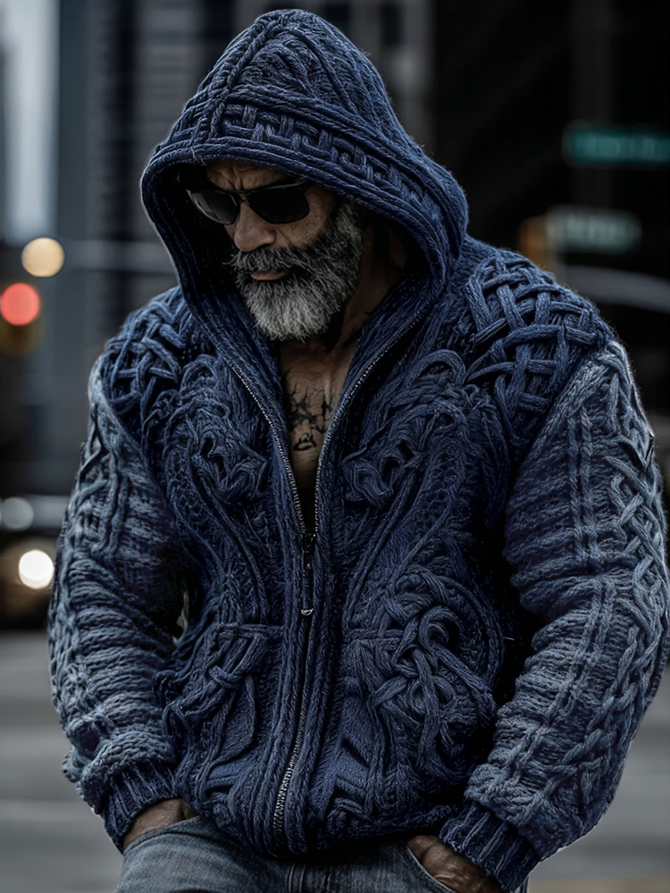 Men's Viking Dragon Totem Chunky Knit Hooded Cardigan  artssus