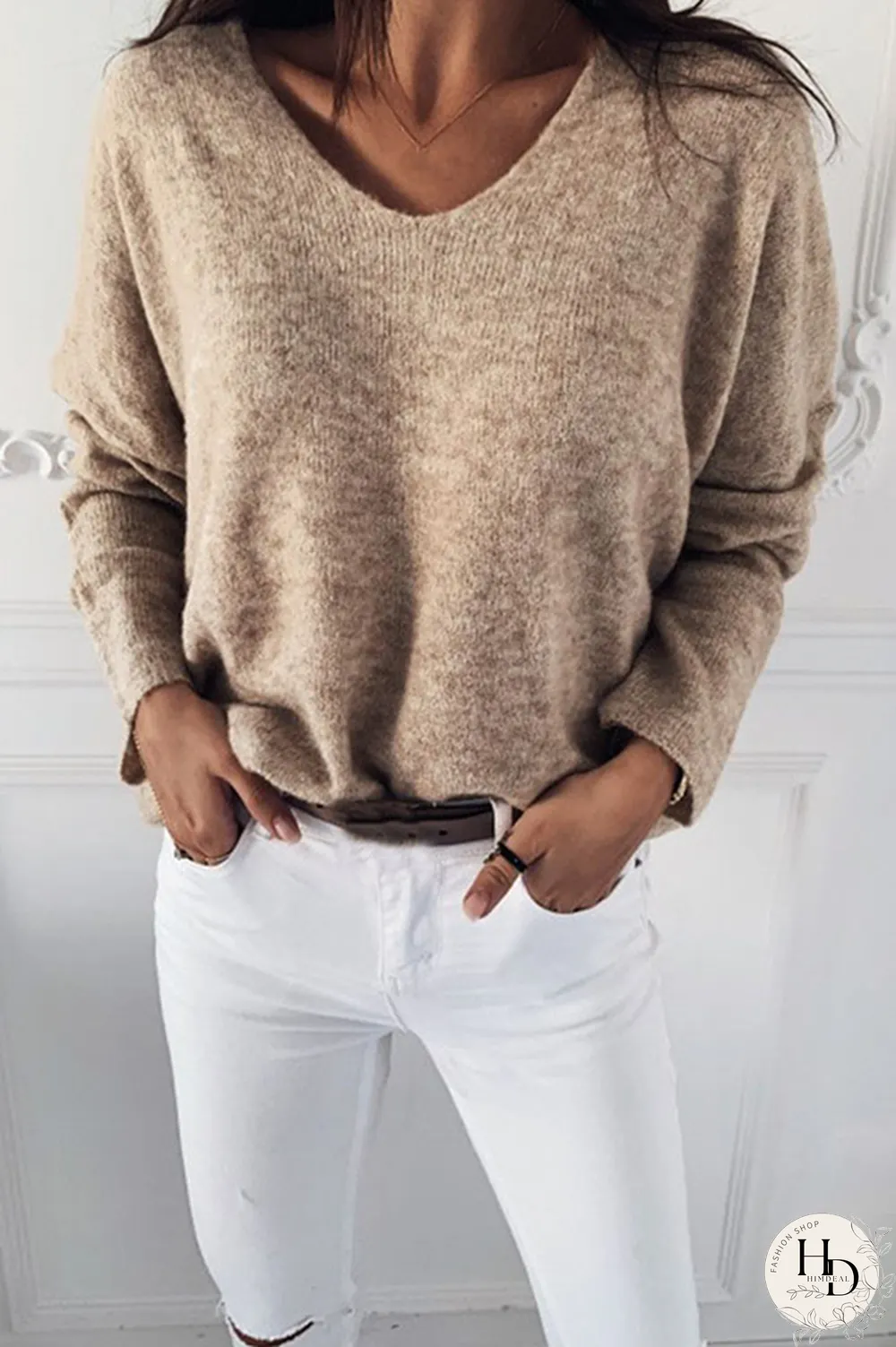 Casual Solid Basic V Neck Tops Sweater（4 colors）