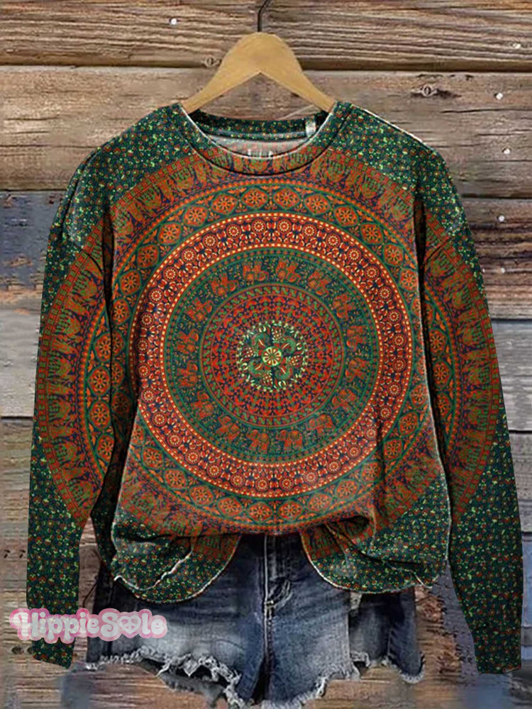 Retro Ethnic Totem Pattern Love And Peace Art Print Casual Sweatshirt Multicolor / S