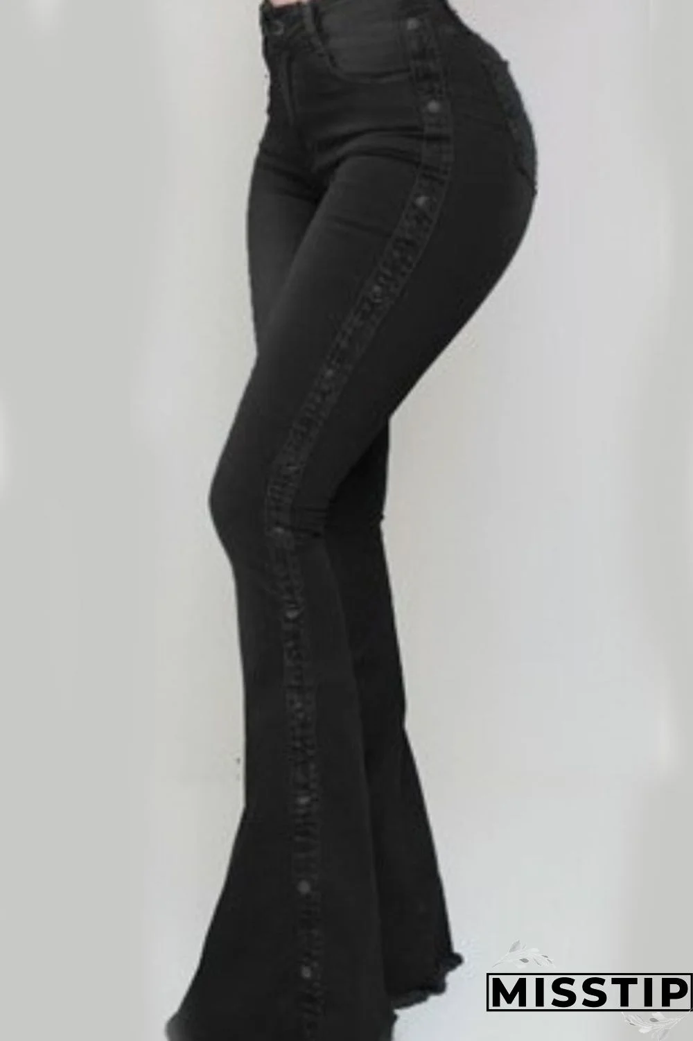 Black Fashion Street Solid Rivets Patchwork Water Wash High-waisted Boot Cut Denim Jeans