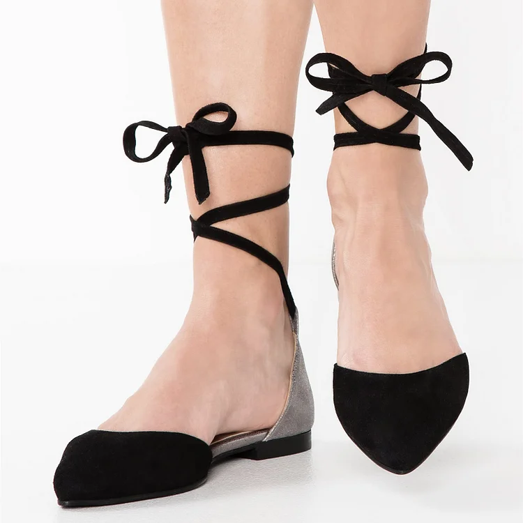 Black & Grey Vegan Suede Pointed Toe Strappy Flat Shoes for Women |FSJ Shoes