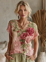 Women's Vintage Floral Art Linen Crew Neck Short Sleeve T-shirt