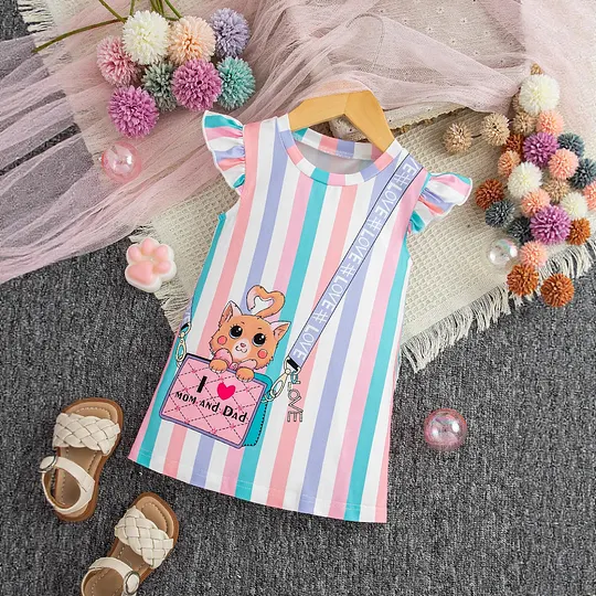 【6M-3Y】Girls Casual Cat & Stripe Printed Colorblock Round Neck Cap Sleeve Dress