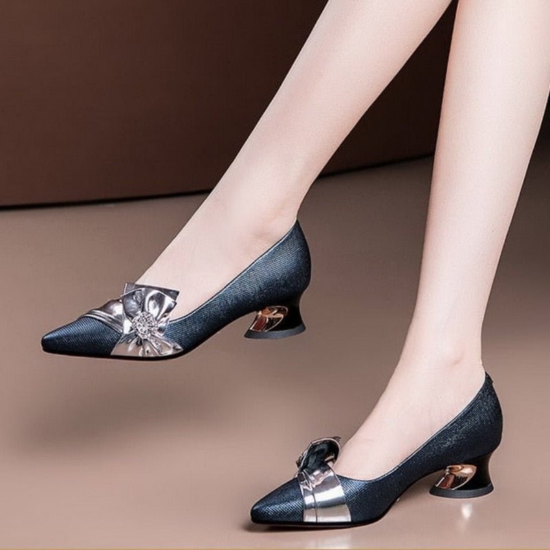 2021 Spring New Women Shoes,Square Mid Heels,Rhinestone Bowtie,Pointed Toe,Shollow Out,Cashmere,Slio on,Female Footware,Black,