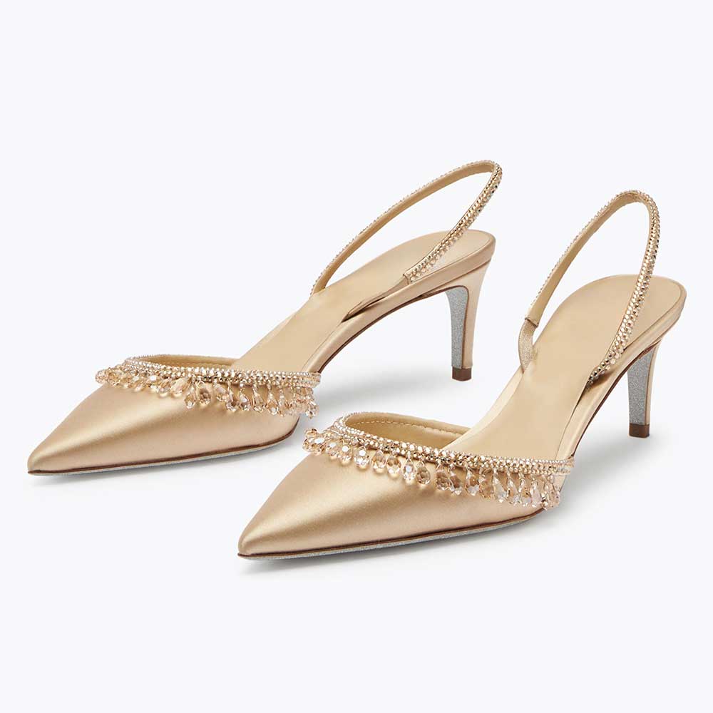 Gold Satin Pointed Toe Rhinestone Embellished Kitten Heeled Pumps  Nicepairs