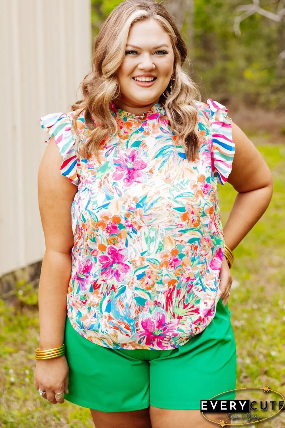 Multicolor Plus Sizie Striped Ruffle Sleeve Floral Blouse