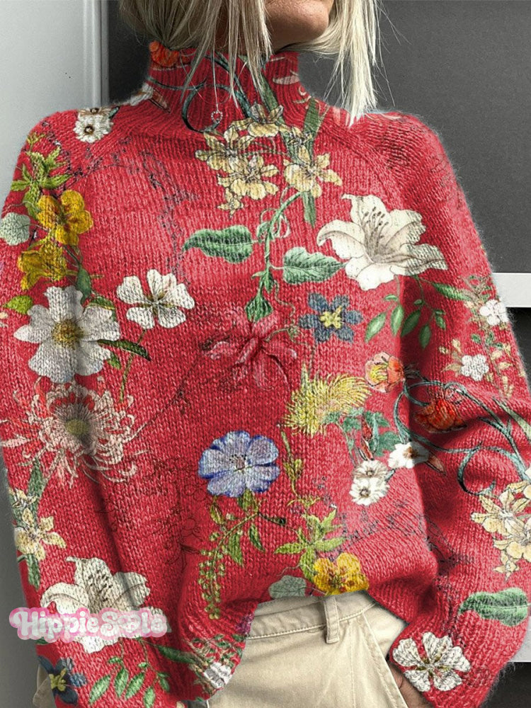Vintage Floral Print Knit Turtleneck Pullover Sweater Multicolor / S