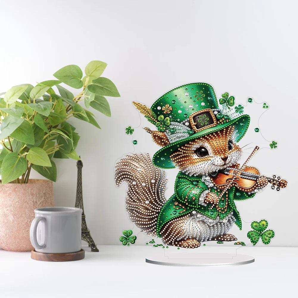 DIY Acrylic St. Patricks Day Squirrel Special Shape Diamond Painting Tabletop Ornament Creative Home Decor & Gift Idea for Adults - Relaxing Craft Activity