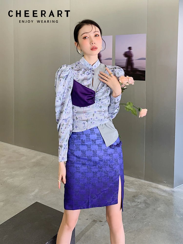 Zingj Vintage Designer Puff Sleeve Crop Blouses Women Purple Floral Gigot Long Sleeve Ladies Tunic Asymmetrical Top Clothes