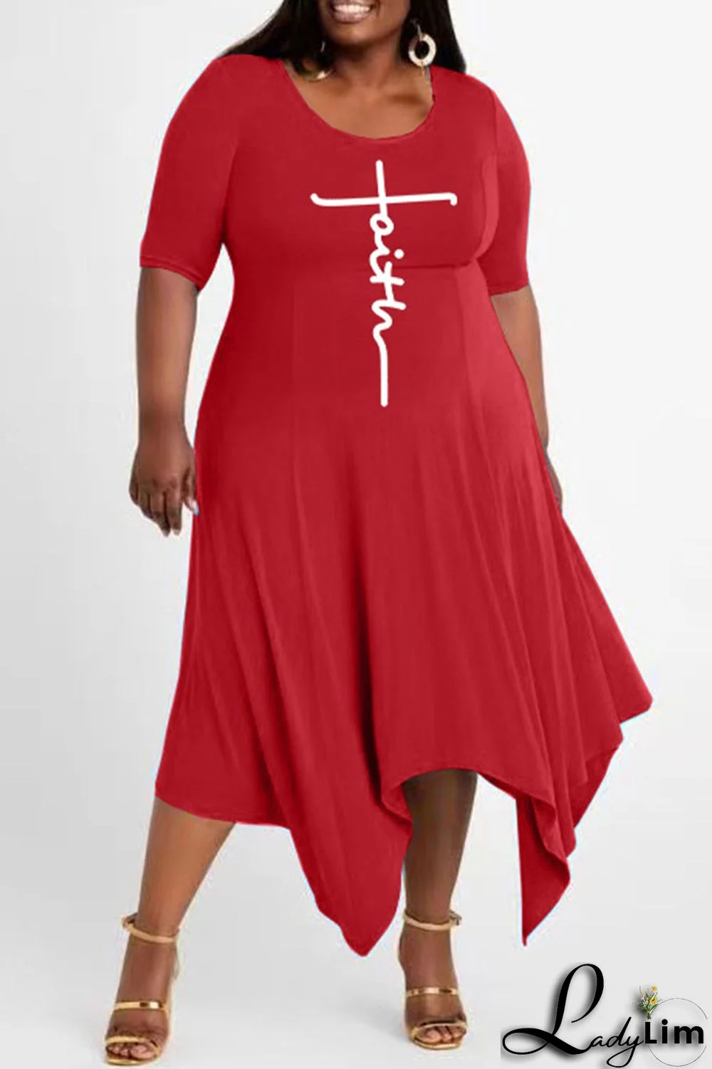 Red Casual Print Patchwork Asymmetrical O Neck Irregular Dress Plus Size Dresses