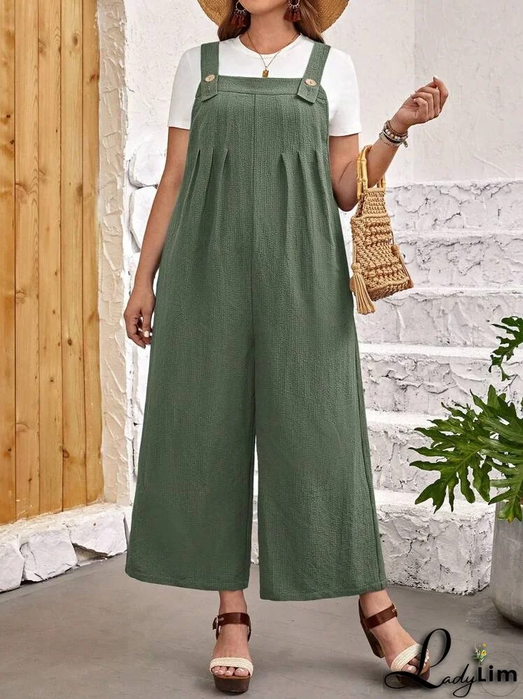 Plus Size Women's Solid Color Simple Daily Wear Jumpsuit With Straps