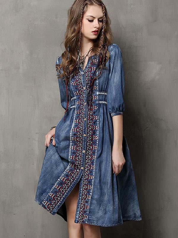 Timeless Grandeur: Oversized Embroidered Denim Dress with Vintage Charm