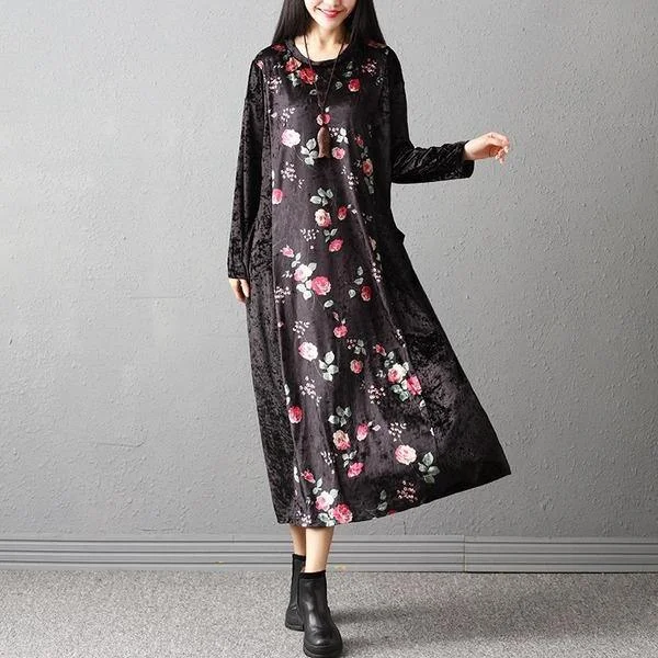 long sleeve plus size velvet vintage floral for women casual loose autumn winter dress