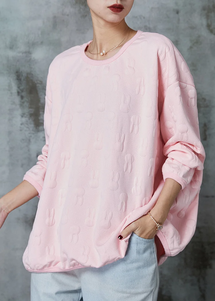 Pink Jacquard Cotton Sweatshirts Top Oversized Spring