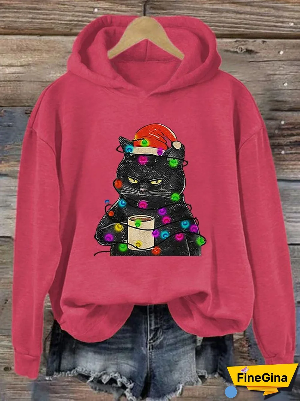 Women's Christmas Lights Black Cat Fun Print Casual Hoodie