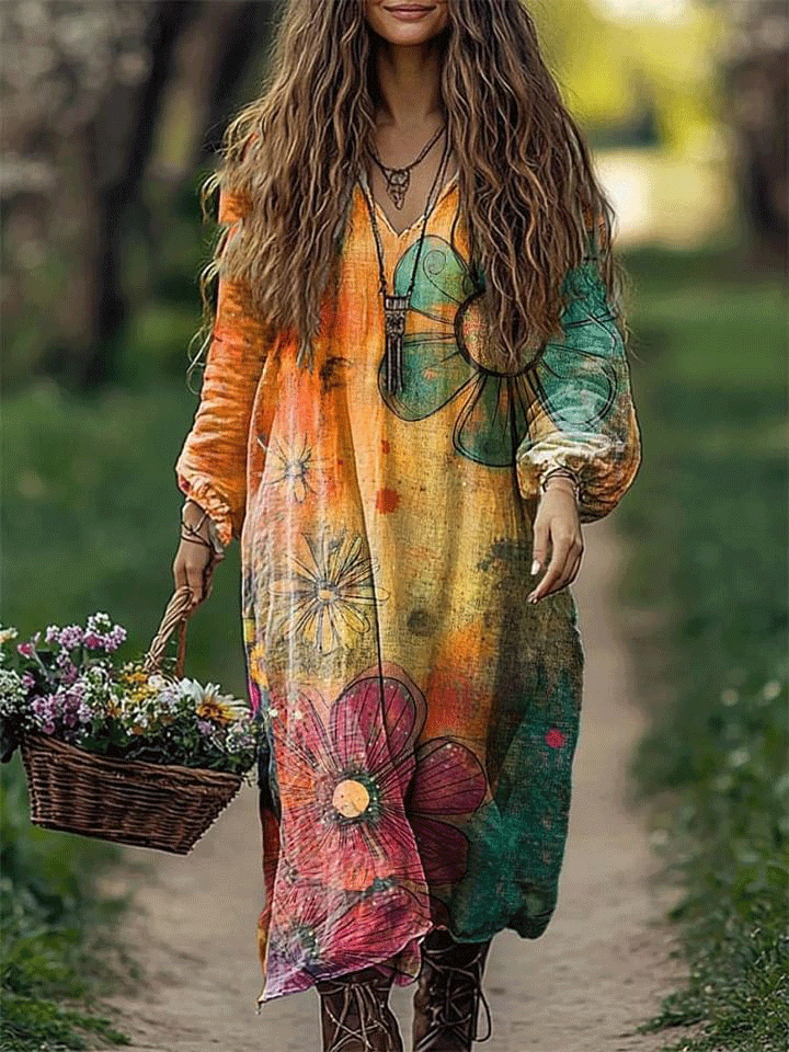 Women's Watercolor Floral Art Print Loose V Neck Pocket Cotton Dress