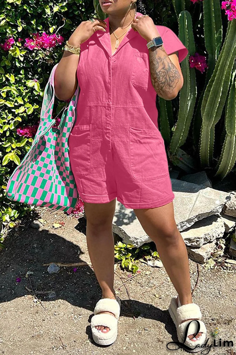 Pink Fashion Casual Solid Patchwork Turndown Collar Regular Romper