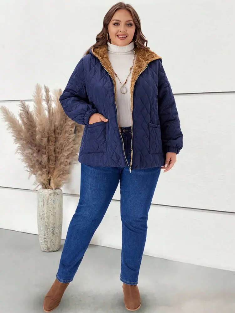 Plus Size Women's Hooded Zipper Casual Fleece Padded Coat With Pockets