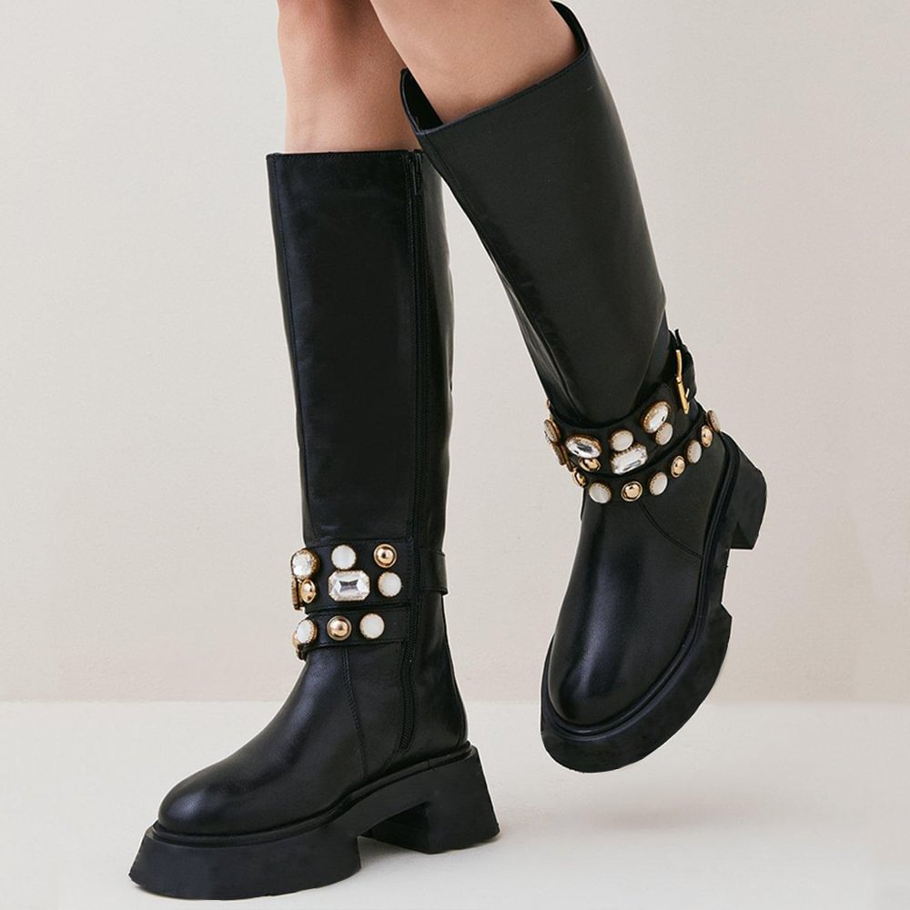 Black Leather Boots Rhinestone Decor Lug Sole Chunky Heel Boots Nicepairs