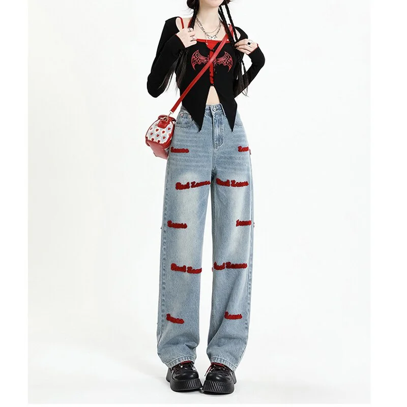 Back To School Outfits Fashion Vintage Embroidery Letter Print Jeans Streetwear Y2k High Waist Straight Blue Denim Pants Female Trend Trousers 2023