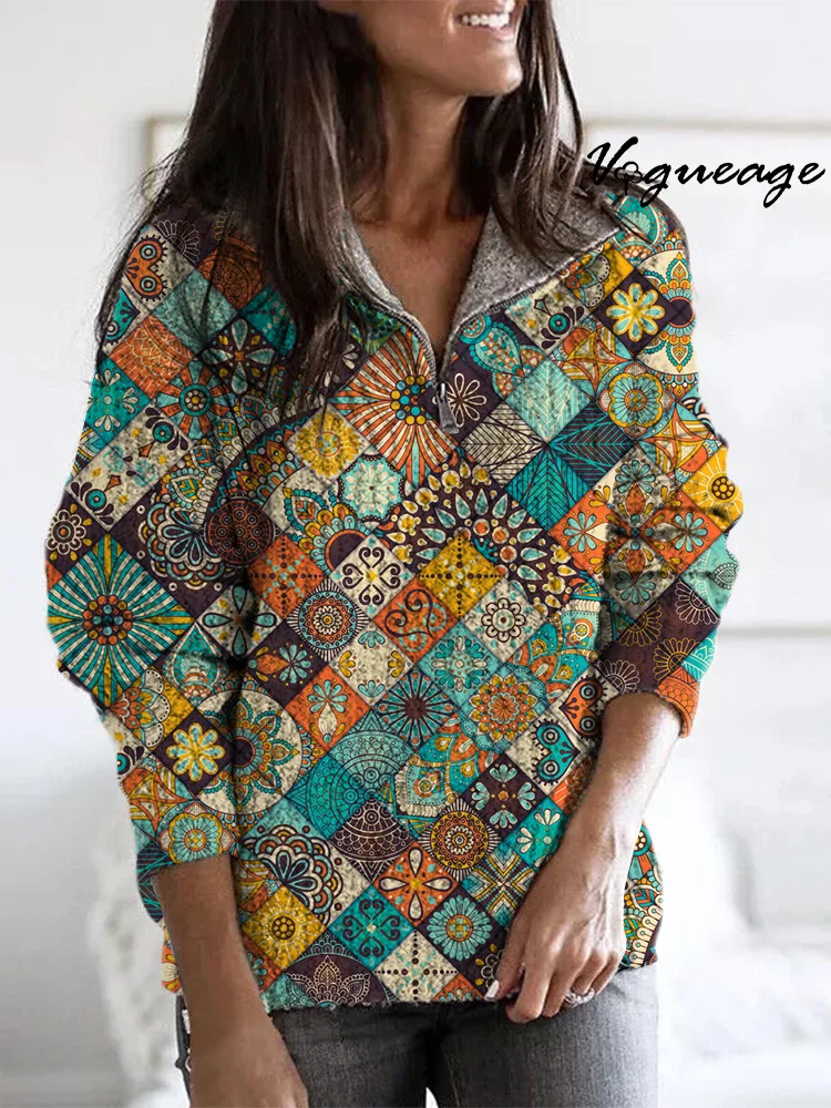 Popular Retro Square Diamond Flower Pattern Zippered Long-Sleeved Sweater