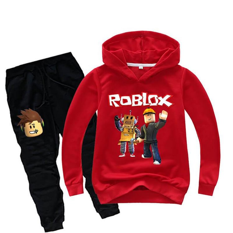 Mayoulove Boys Girls Roblox Builderman Robot Print Cotton Hoodie Sweatpants Suit-Mayoulove