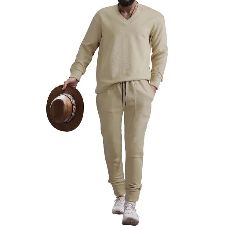 Men's Casual Jacquard Long-Sleeved Sweatshirt And Trousers Set 