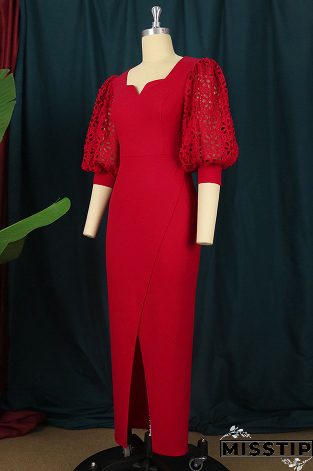 Red Fashion Casual Solid Patchwork Slit V Neck Evening Dress Dresses