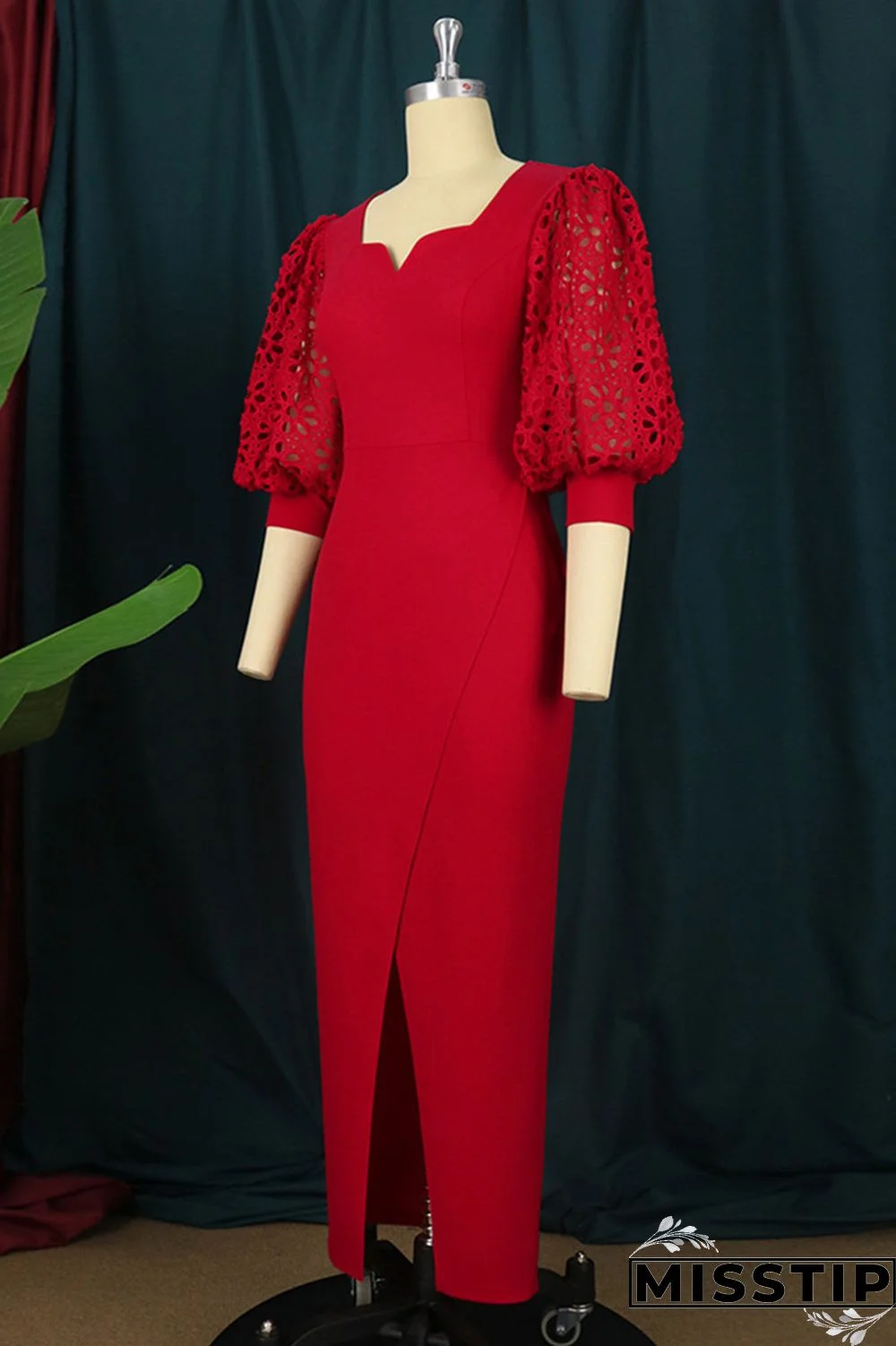 Red Fashion Casual Solid Patchwork Slit V Neck Evening Dress Dresses