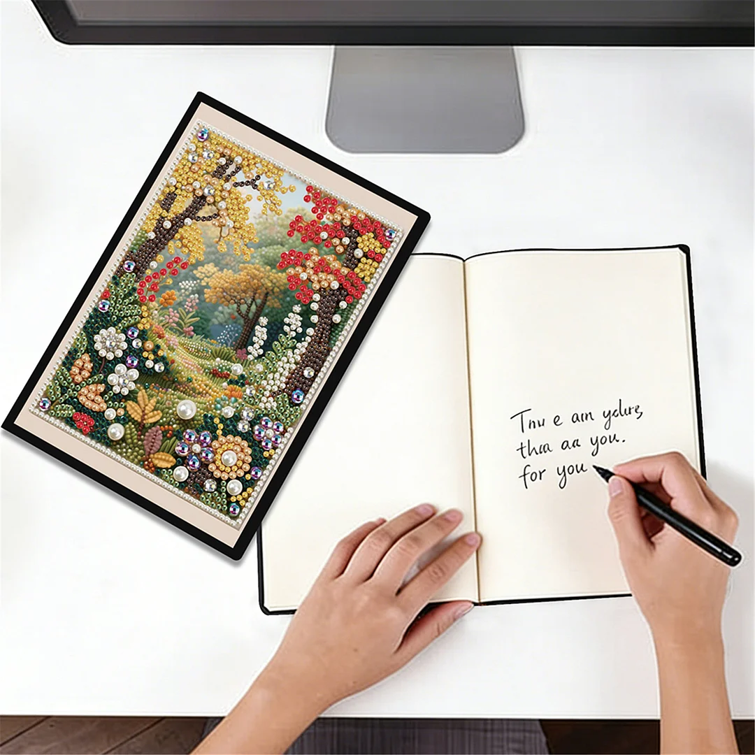 Autumn Forest Partial Pearl DIY 50 Pages A5 Diamond Painting Notebook Special Shaped Diamond Art Diary Book Kits Wireless Strip 5D Crystal Art Paintings Sketchbook for Art Drawing