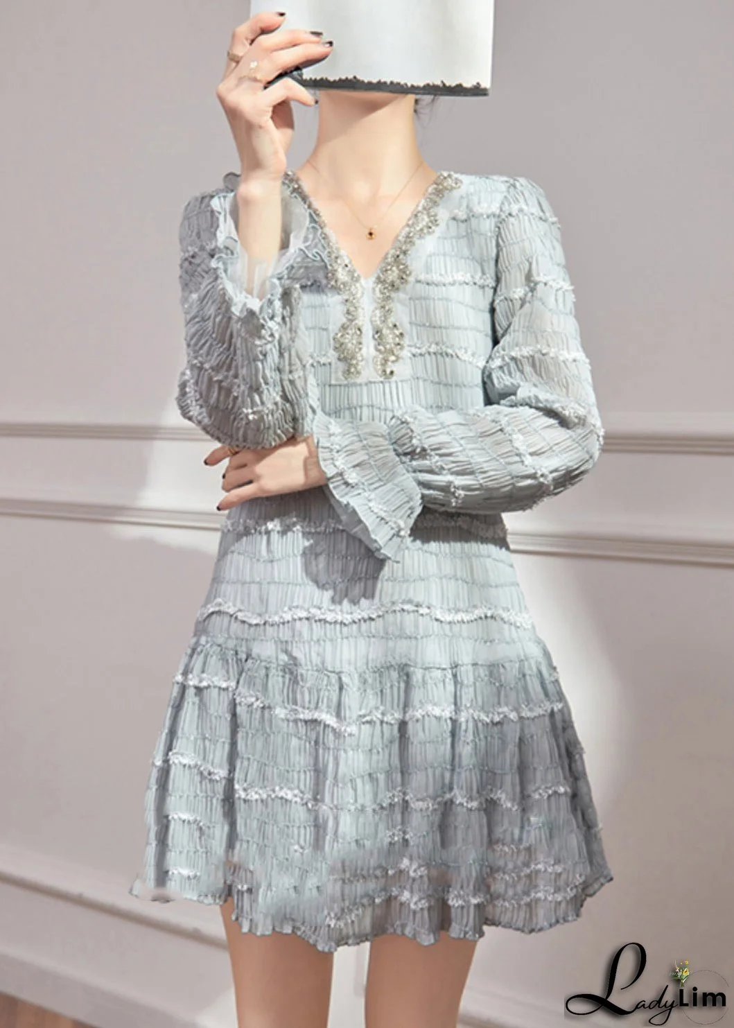 Chic Blue V Neck Ruffled Patchwork Sequins Chiffon Mid Dress Flare Sleeve