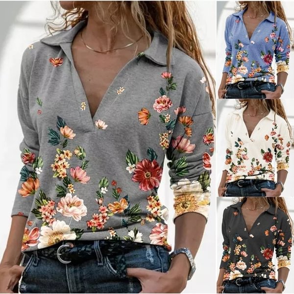 Spring and Autumn Casual Floral Printed Tops Women Fashion Stand Collar Long Sleeve Shirt Pullover Slim Fit Blouses - BlackFridayBuys