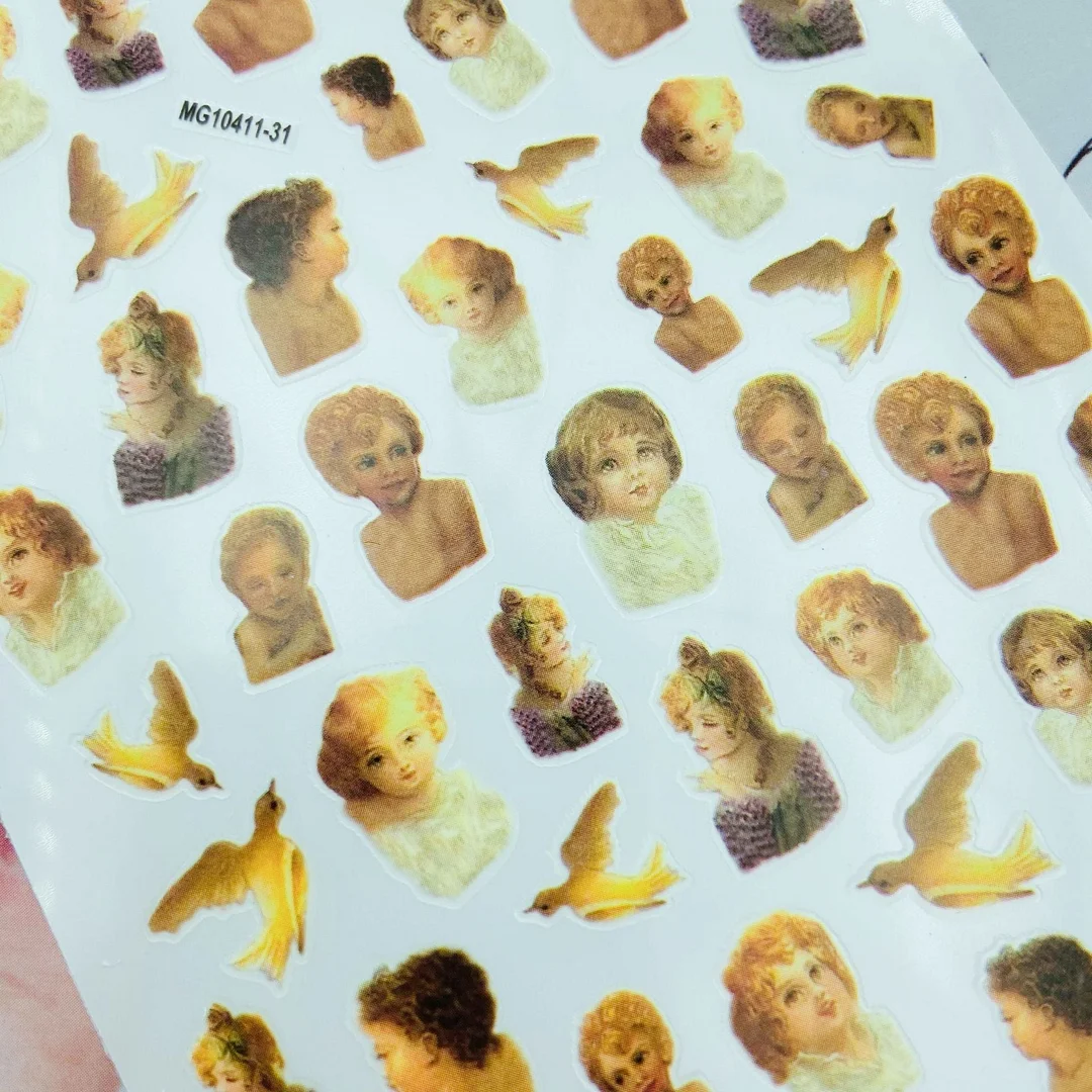 Angel Cupid Nail Stickers Flower Pattern Self-Adhesive Transfer Decals Slider 3D DIY Tips Nail Art Decorations Manicure Wrap-Nail Inspo