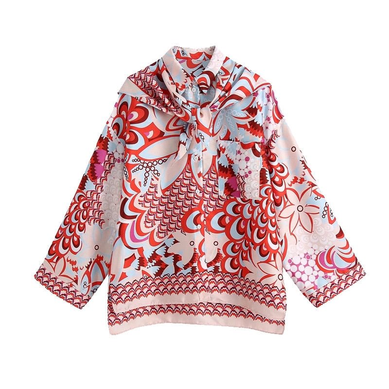 TRAF Women Fashion With Scarf Printed Loose Asymmetric Blouses Vintage Long Sleeve Side Vents Female Shirts Chic Tops