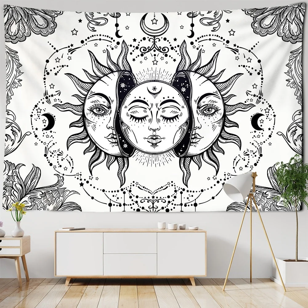 White Black Colorful Sun Moon Mandala Tapestry Wall Hanging Celestial Wall Tapestry Hippie Wall Carpets Dorm Decor Wall Tapestr