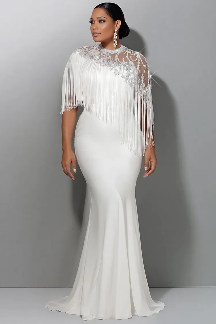 Xpluswear Design Plus Size Wedding Sequin White Round Neck Short Sleeve Mermaid Strappy Satin Maxi Dresses [Pre-Order] 2024 - Xpluswear