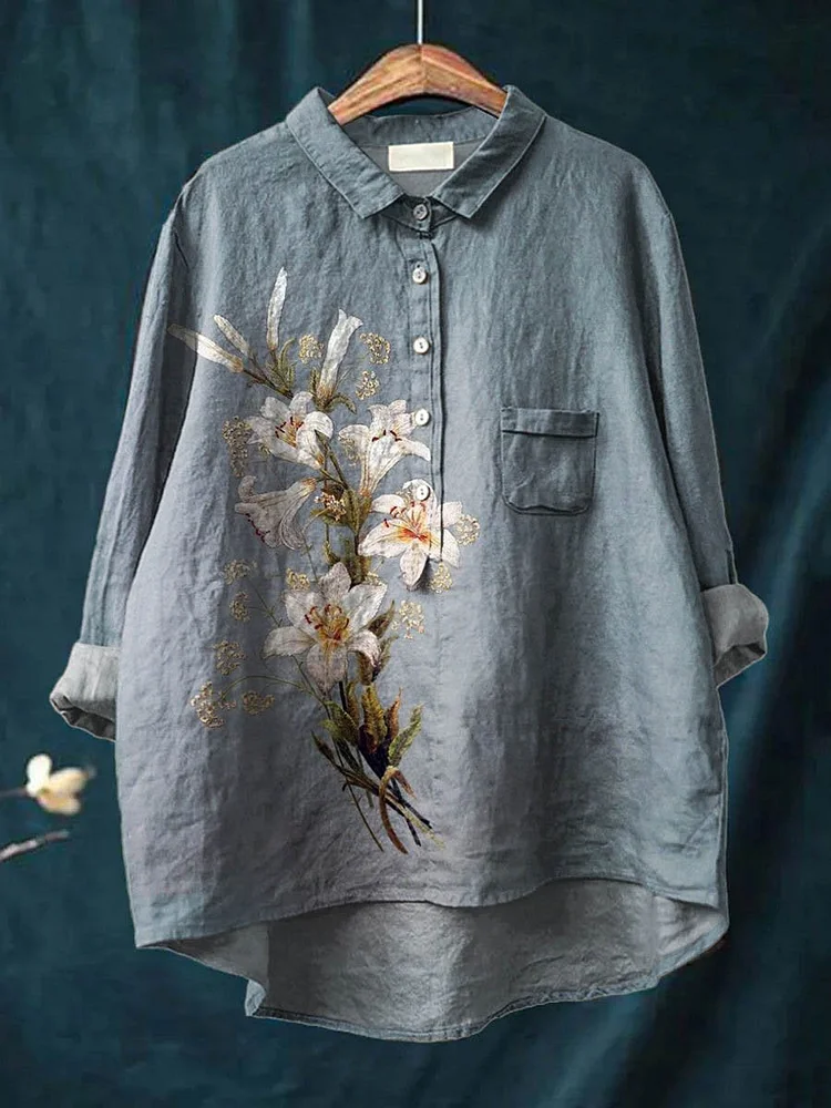 Womens Vintage Elegant Lily Art Print Casual Cotton And Linen Shirt