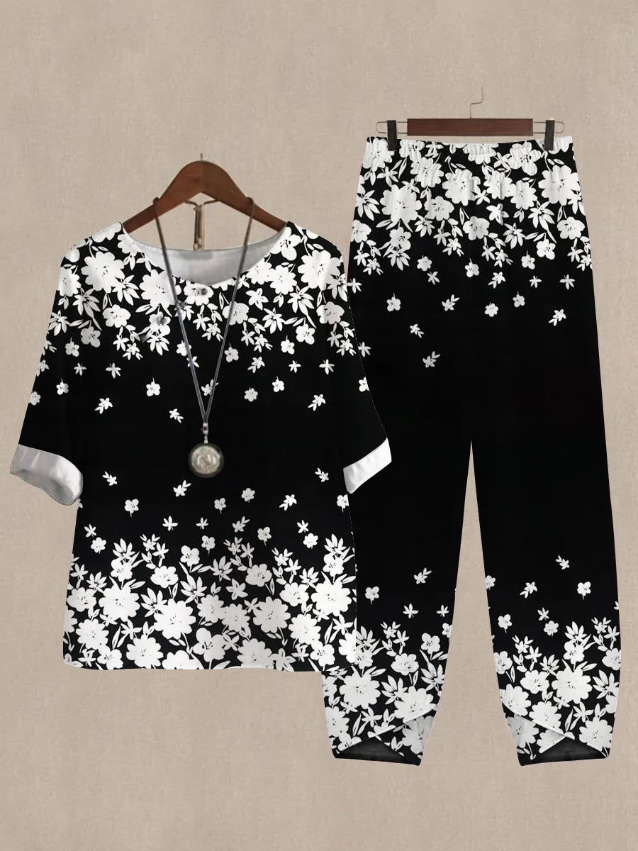 Women's Floral Print Half Sleeve Top And Casual Pants Linen Two Pieces