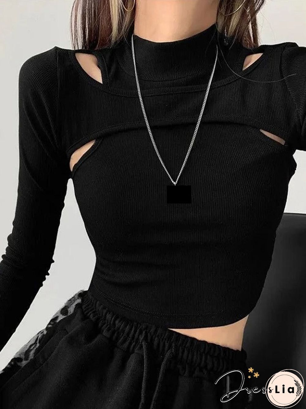 Hollow Knitted Crop Tops Women New Fitness Fake Two-piece T-shirt Female Black White Long Sleeve Tops