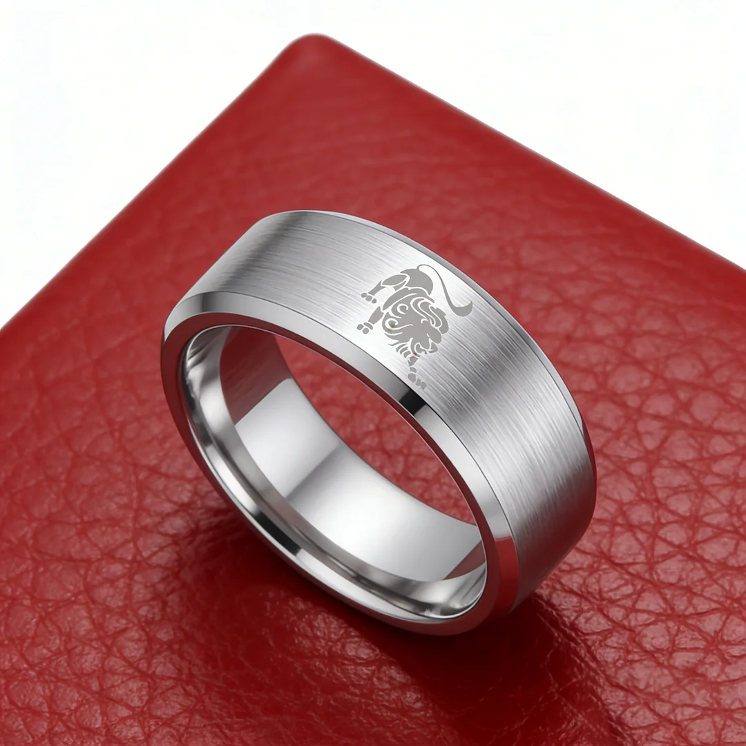 Sliver Leo Tungsten Carbide Rings Beveled Edges Sliver Laser Etched Couple Wedding Bands 4MM 6MM 8MM