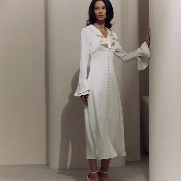 Ootddress Ruffled Elegant For Women Long Dress Fashion V-Neck Patchwork Long Sleeve Slim Party Dress Gown White Spring Maxi Dress