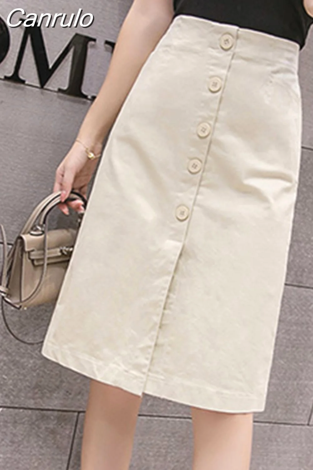 Canrulo Faldas Mujer Moda 2023 Summer Knee Length Pencil Skirt Women Button High Waist Black White Split Ladies Office Slim Skirt