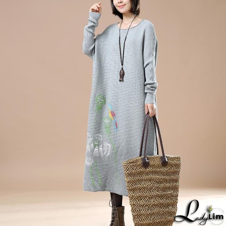 Gray long knit sweaters dress plus size