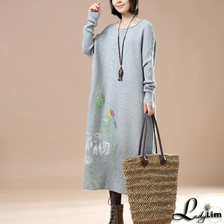 Gray long knit sweaters dress plus size