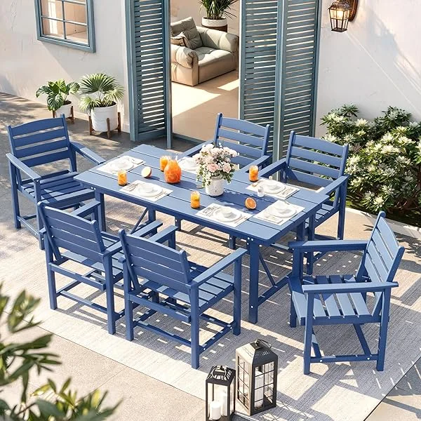 7 Pieces Patio Table and Chairs Set, HDPE Weather Resistant Patio Dining Set with 1.65" Umbrell Hole, All Weather Outdoor Dining Table with 6 Patio Chairs