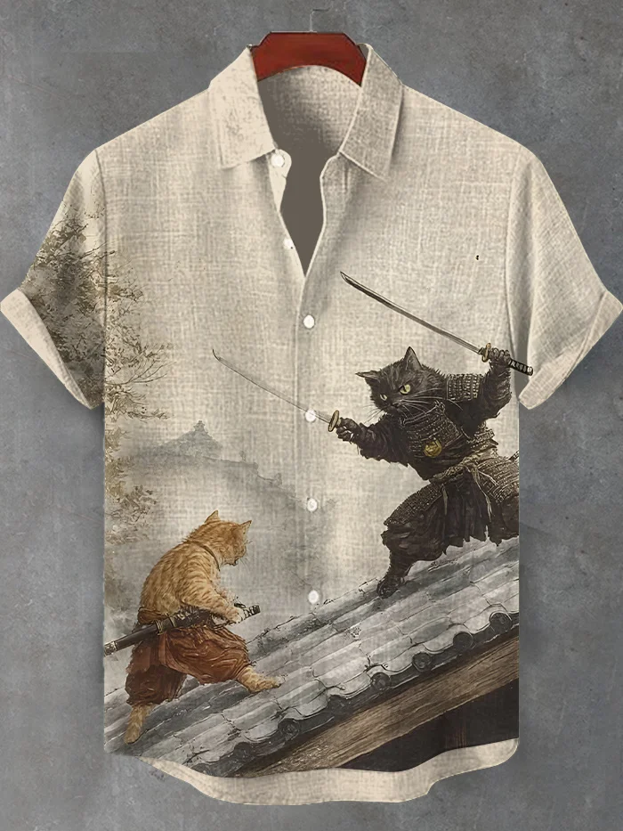 Men's Retro Cat Samurai Japanese Art Print Short Sleeve Shirt